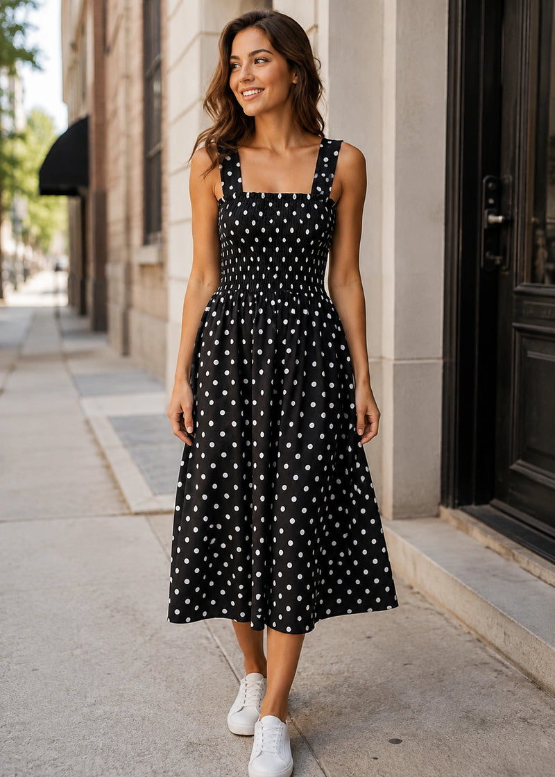 SALAZIA Polka Dot Smocked Midi Dresses