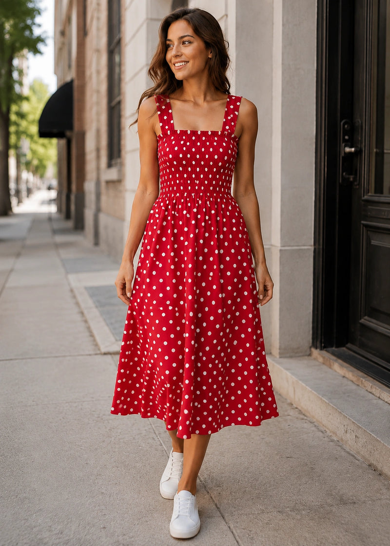 SALAZIA Polka Dot Smocked Midi Dresses