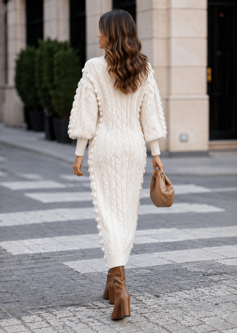 SALAZIA Pom Pom Cable Knit Turtleneck Midi Dresses