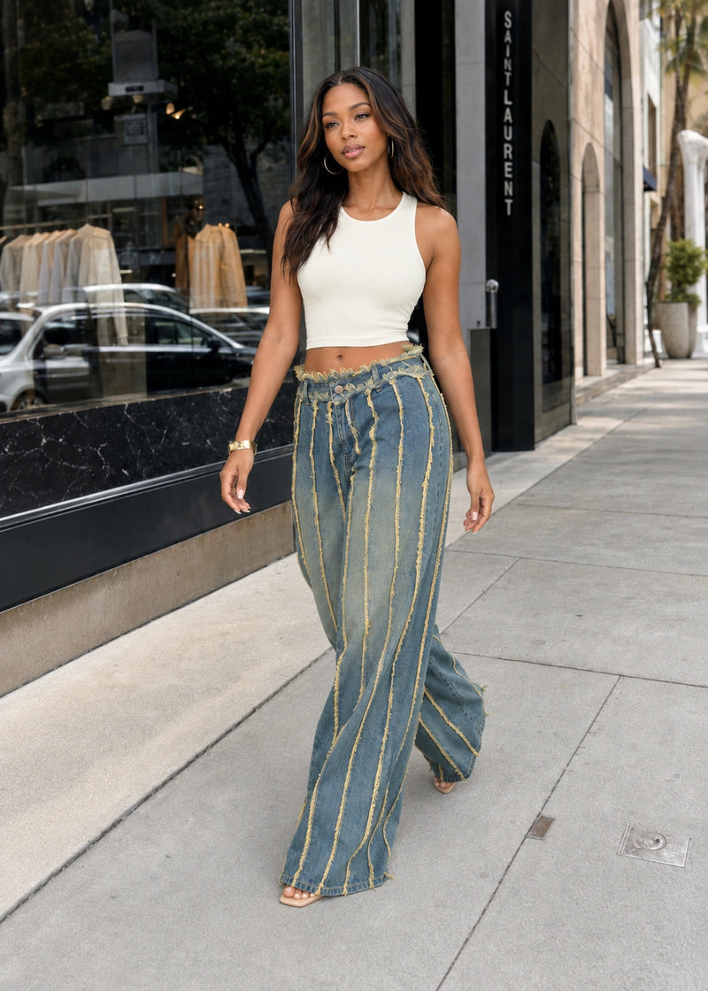 SALAZIA Raw Edge Seam Wide Leg Denim Pants