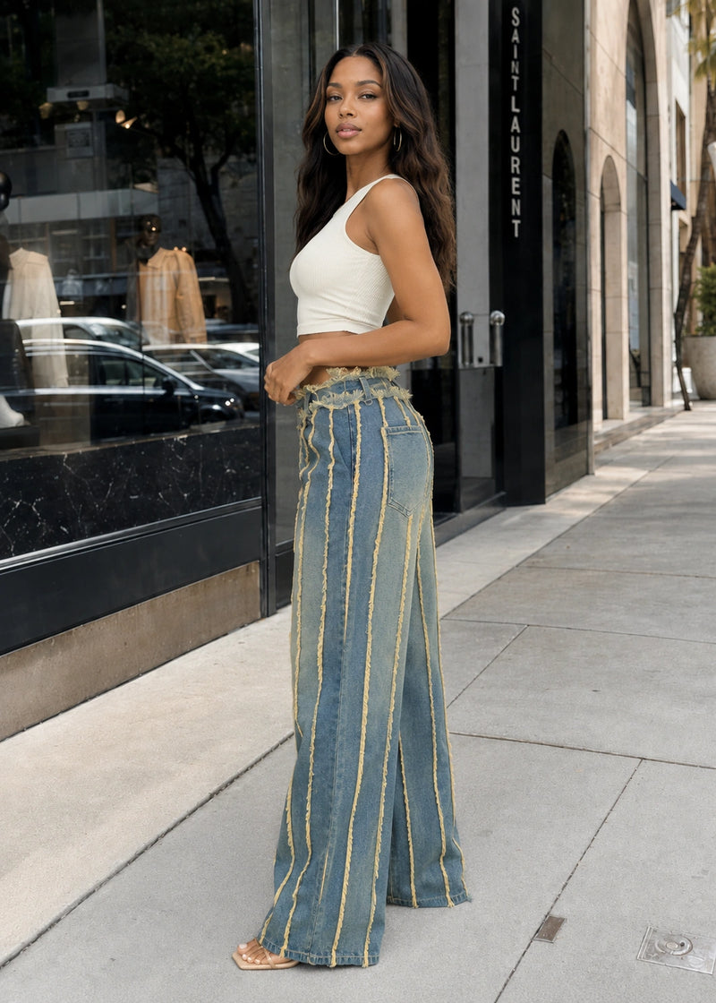 SALAZIA Raw Edge Seam Wide Leg Denim Pants
