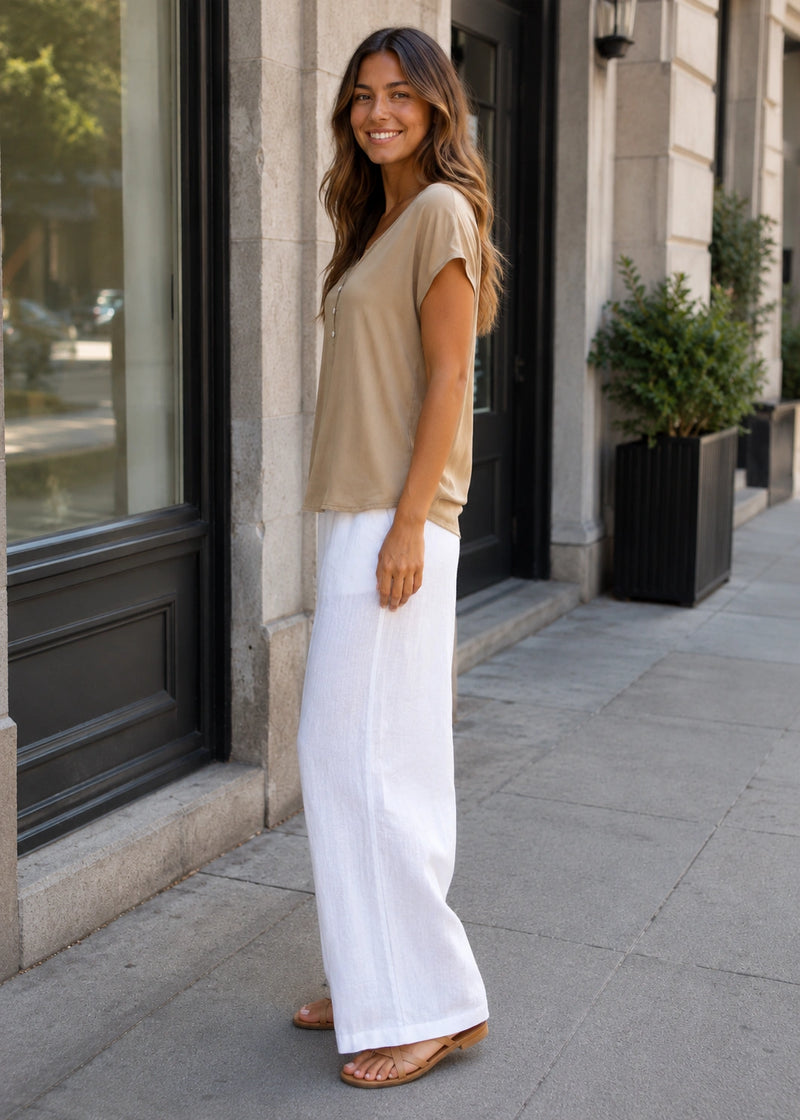 SALAZIA Relaxed Henley V Neck Short Sleeve Tops