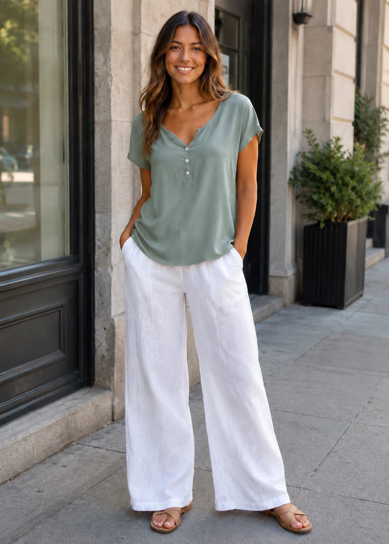 SALAZIA Relaxed Henley V Neck Short Sleeve Tops