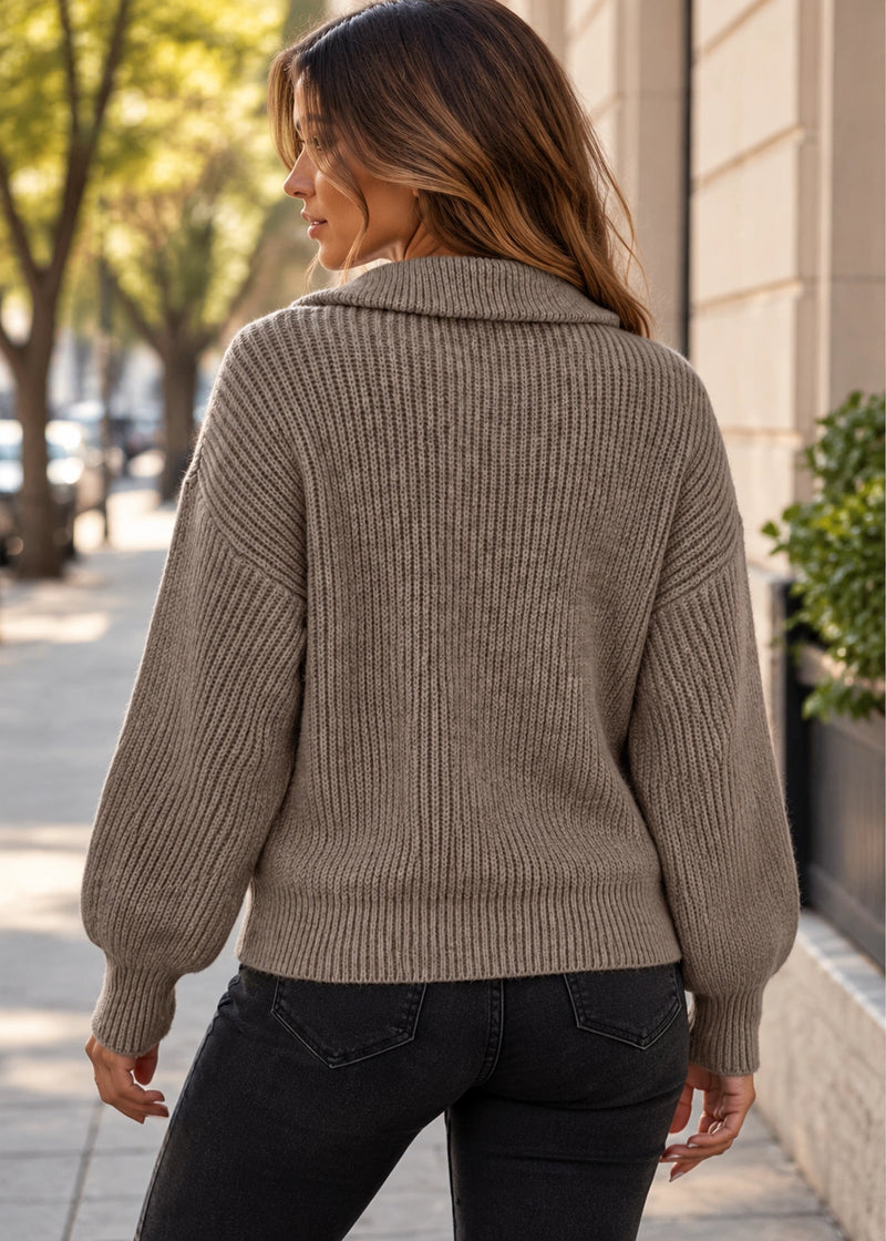 SALAZIA Relaxed Ribbed Knit Half-Zip Polo Collar Long Sleeve Pullover