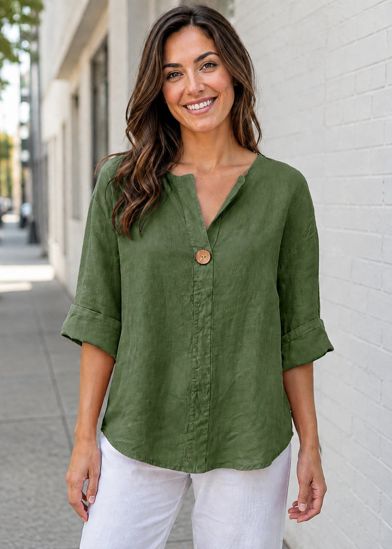 SALAZIA Relaxed V-Neck Button Ramie Blend Blouses