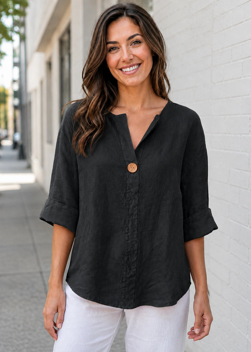 SALAZIA Relaxed V-Neck Button Ramie Blend Blouses