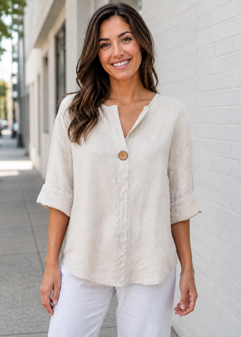 SALAZIA Relaxed V-Neck Button Ramie Blend Blouses