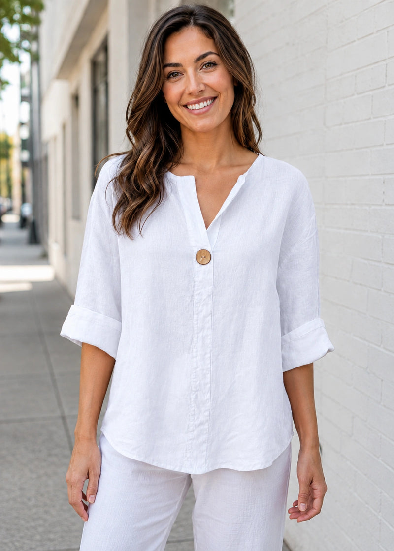 SALAZIA Relaxed V-Neck Button Ramie Blend Blouses