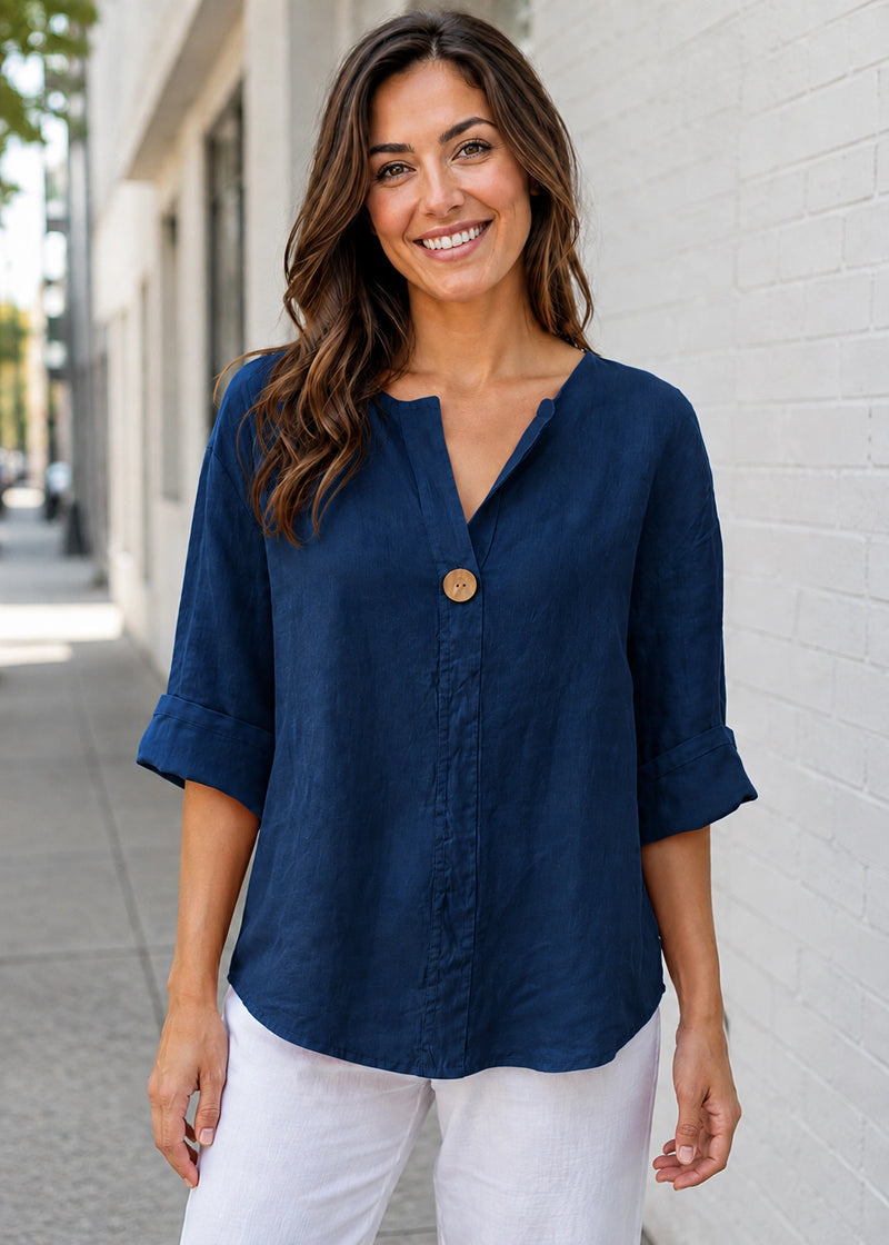 SALAZIA Relaxed V-Neck Button Ramie Blend Blouses