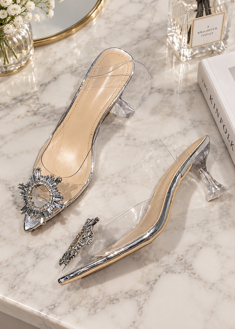 SALAZIA Rhinestone Pointed-Toe Clear Slingback Pumps