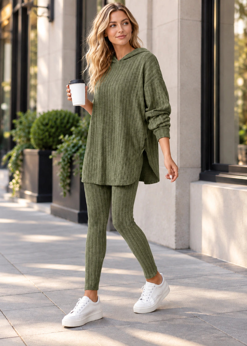 SALAZIA Ribbed Knit Hooded Long Sleeve Top and Slim Fit Pants Two-Piece Set