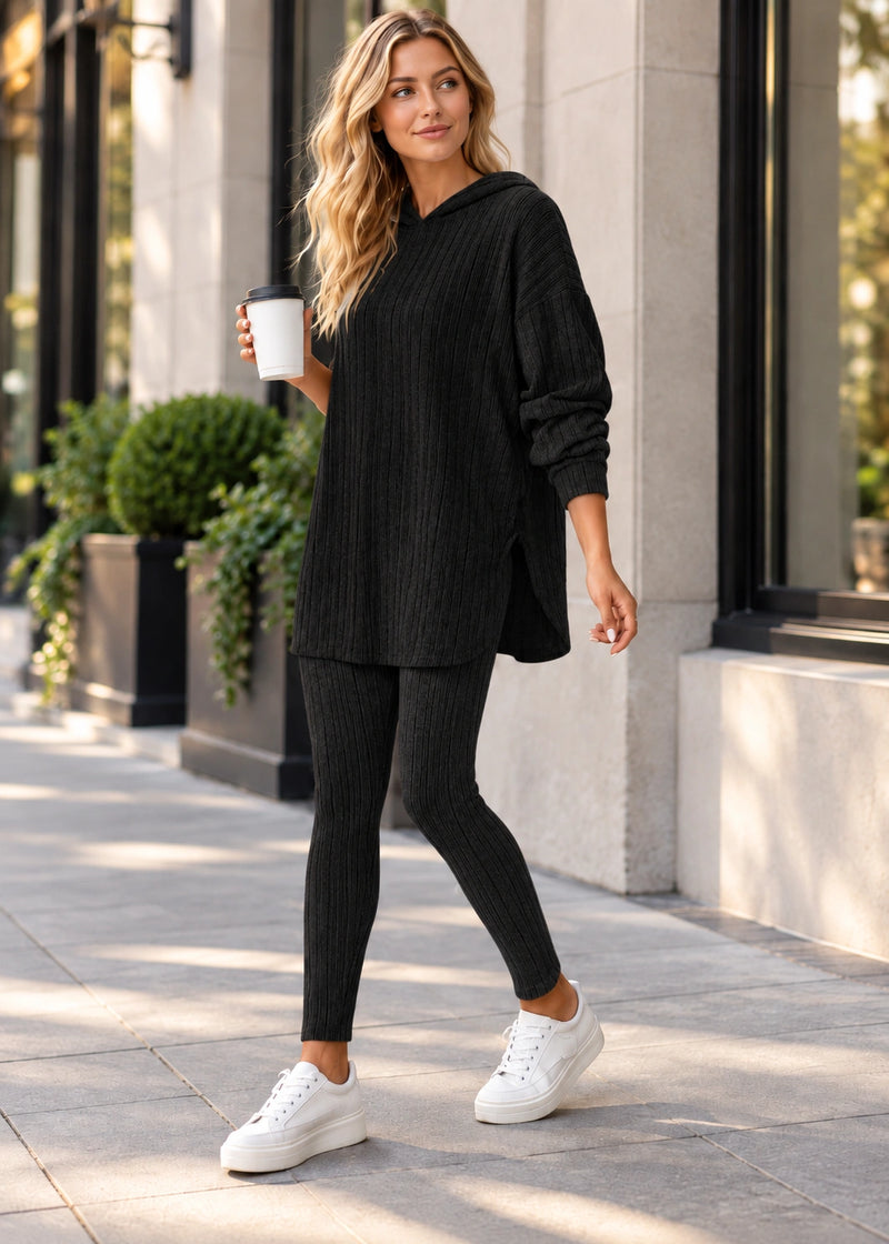 SALAZIA Ribbed Knit Hooded Long Sleeve Top and Slim Fit Pants Two-Piece Set