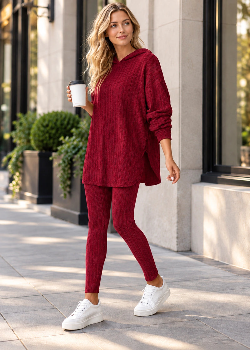 SALAZIA Ribbed Knit Hooded Long Sleeve Top and Slim Fit Pants Two-Piece Set