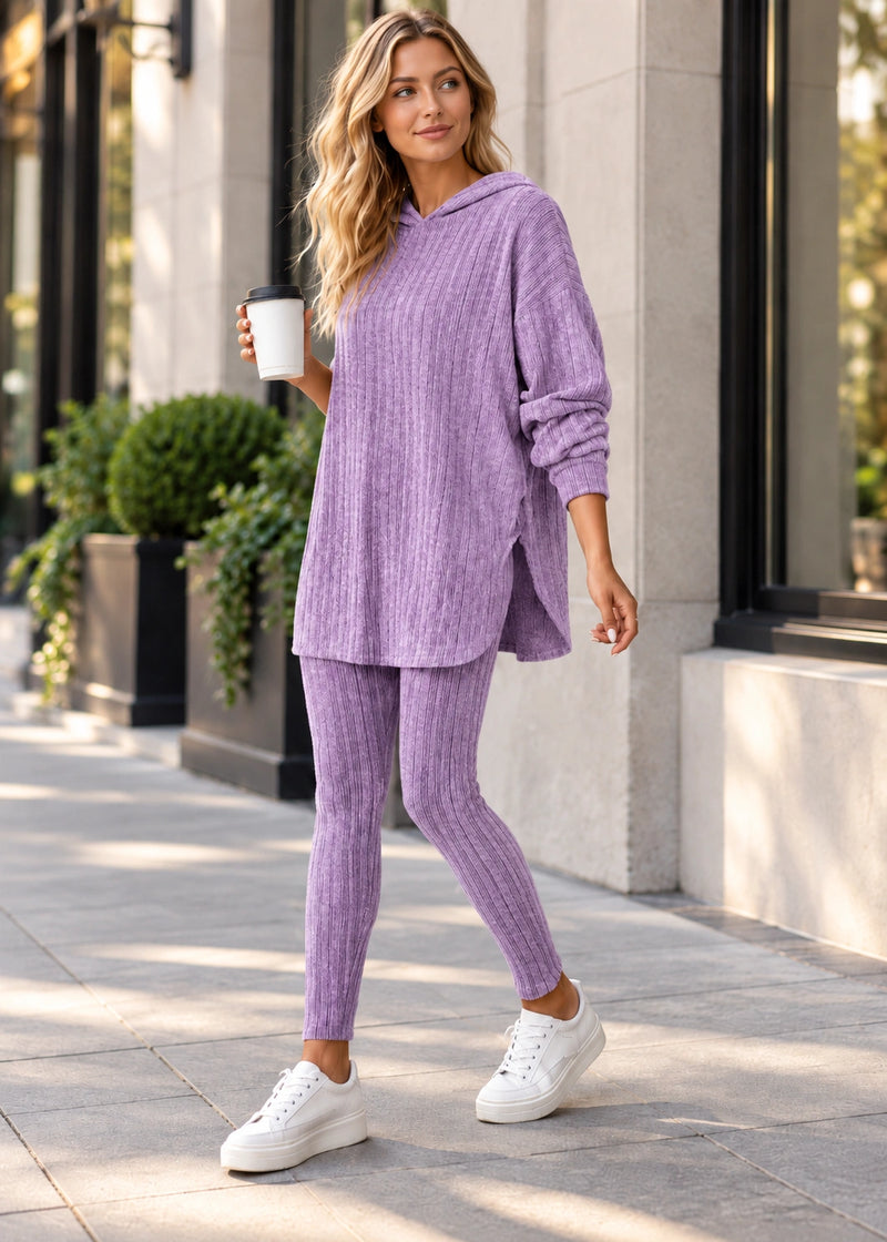 SALAZIA Ribbed Knit Hooded Long Sleeve Top and Slim Fit Pants Two-Piece Set