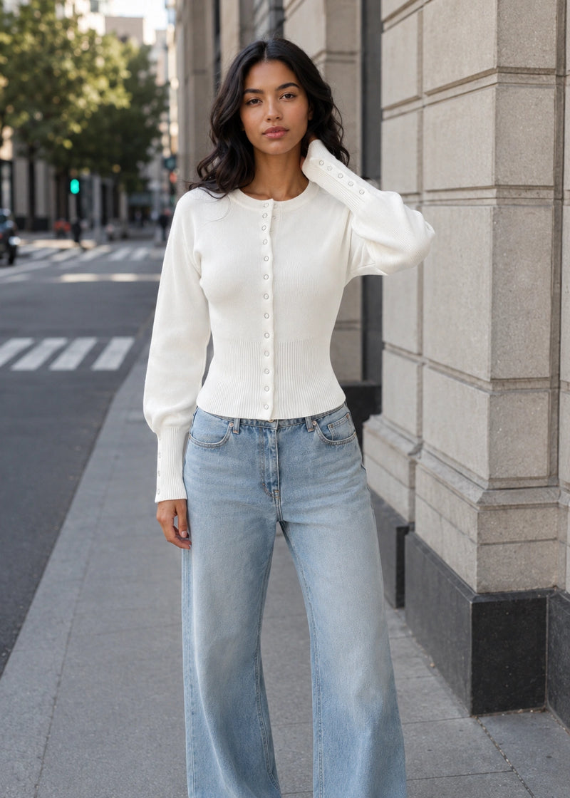 SALAZIA Ribbed Waist Button-Front Long Sleeve Knit Cardigan Sweaters
