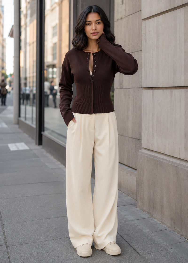 SALAZIA Ribbed Waist Button-Front Long Sleeve Knit Cardigan Sweaters
