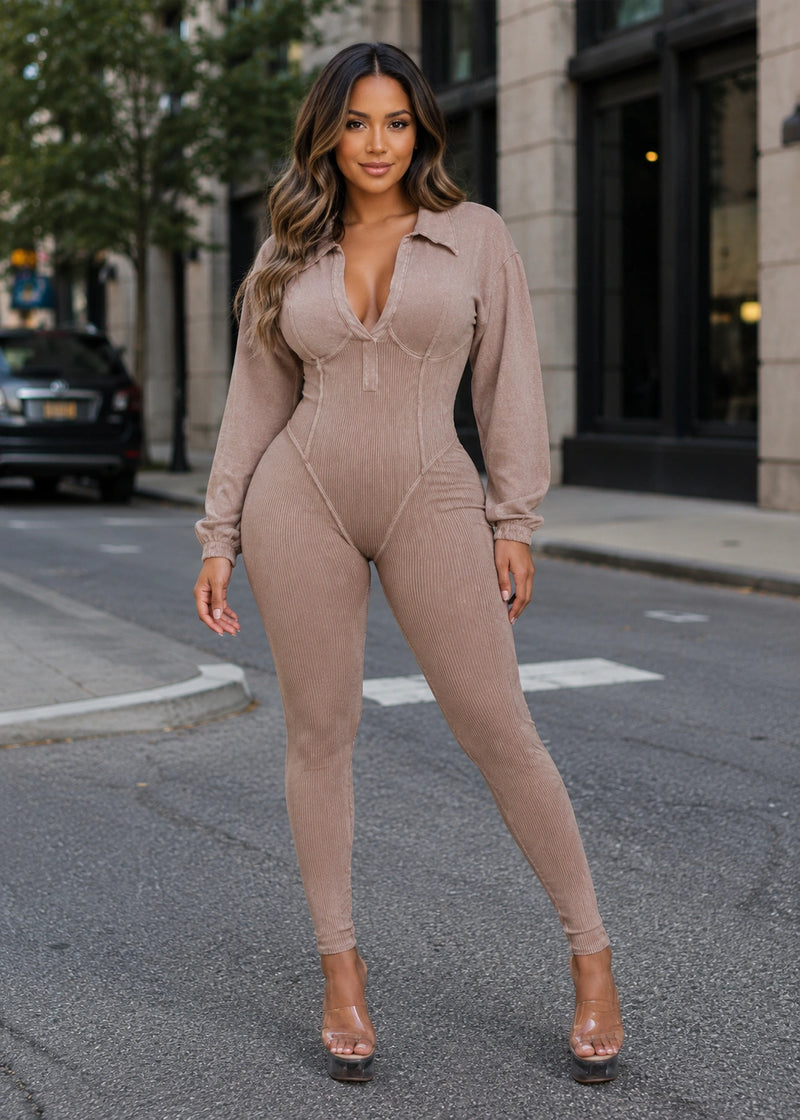 SALAZIA Ribbed Zip Front Long Sleeve Bodycon Jumpsuits