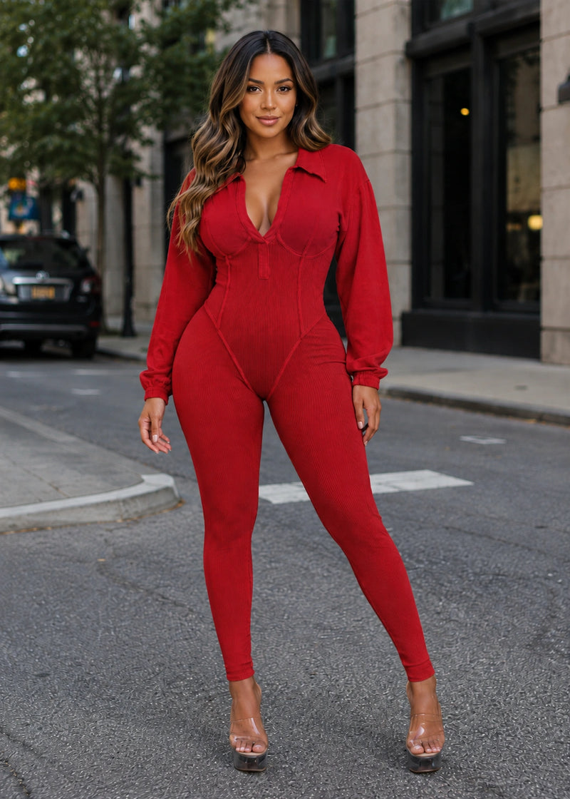 SALAZIA Ribbed Zip Front Long Sleeve Bodycon Jumpsuits