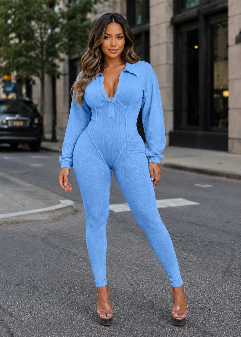 SALAZIA Ribbed Zip Front Long Sleeve Bodycon Jumpsuits