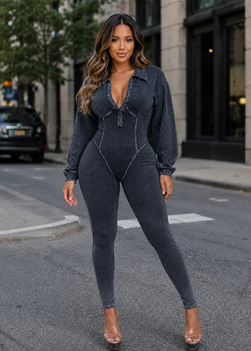 SALAZIA Ribbed Zip Front Long Sleeve Bodycon Jumpsuits