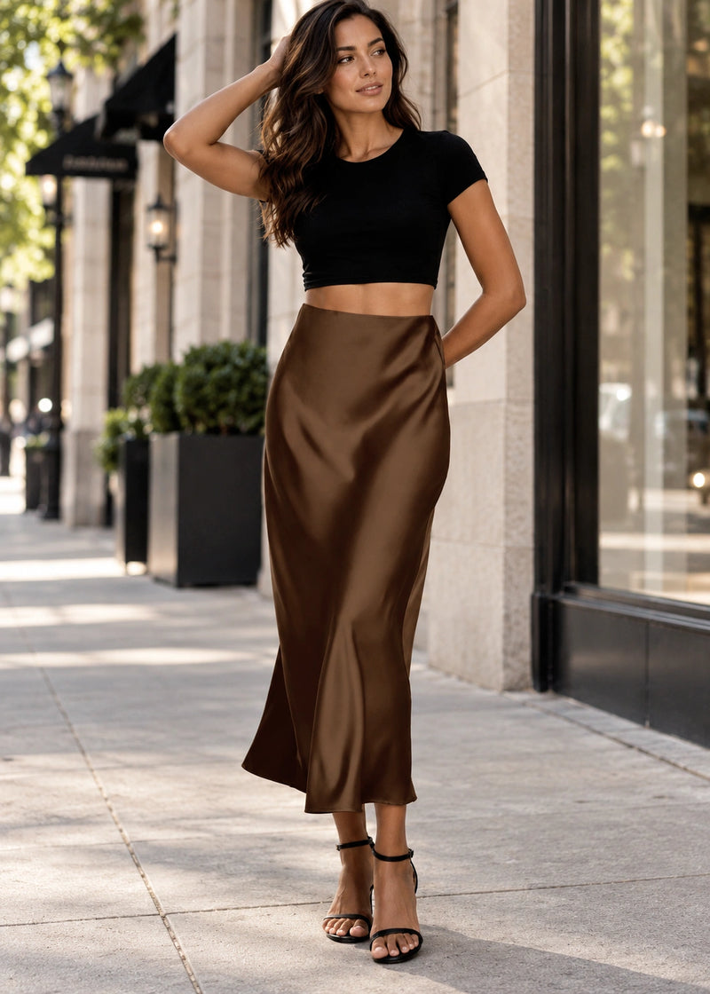 SALAZIA Satin High-Waist Midi Skirts