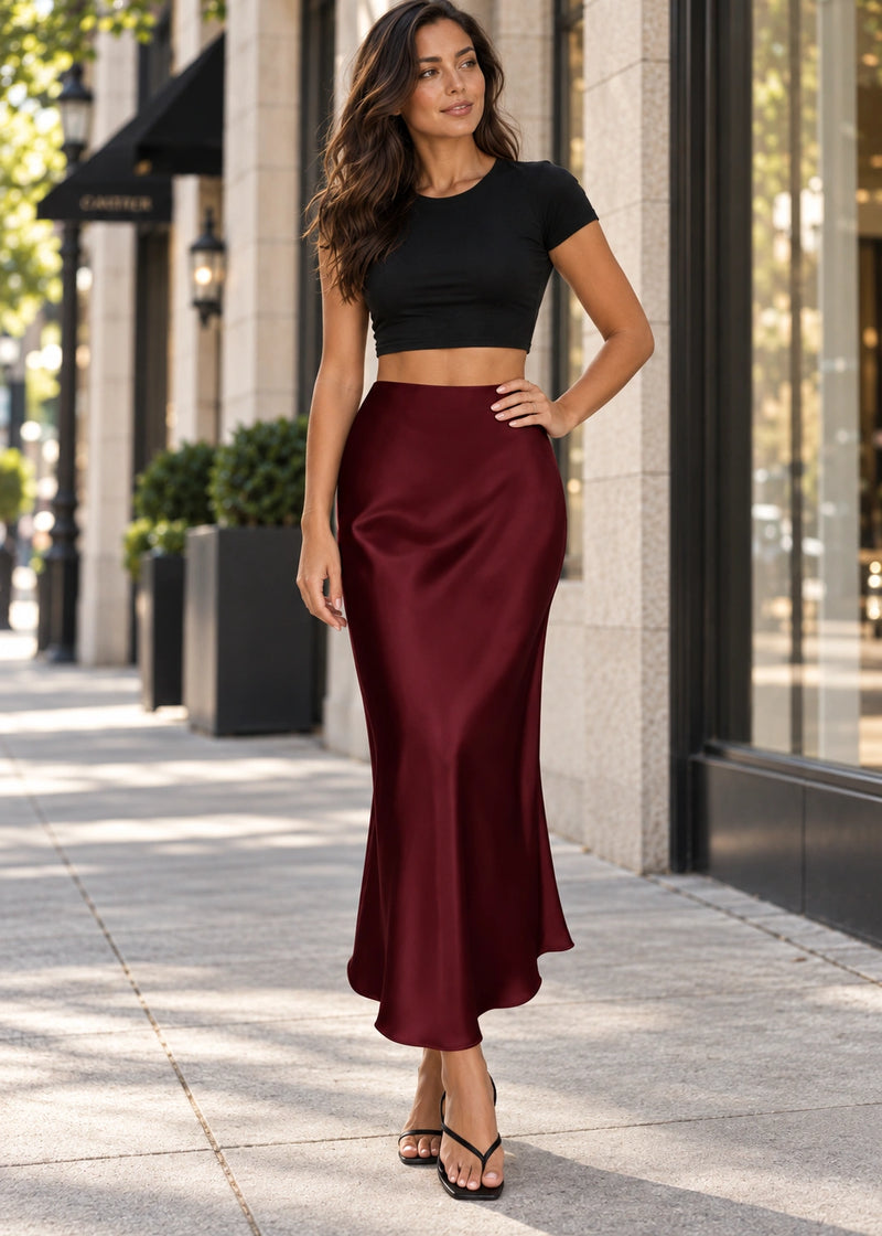 SALAZIA Satin High-Waist Midi Skirts
