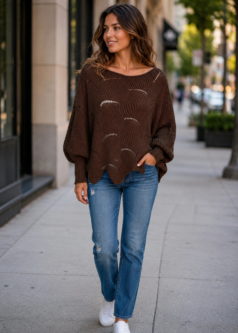 SALAZIA Scalloped Pointelle Batwing Sleeve Loose Knit Sweaters