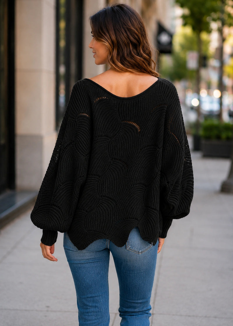 SALAZIA Scalloped Pointelle Batwing Sleeve Loose Knit Sweaters