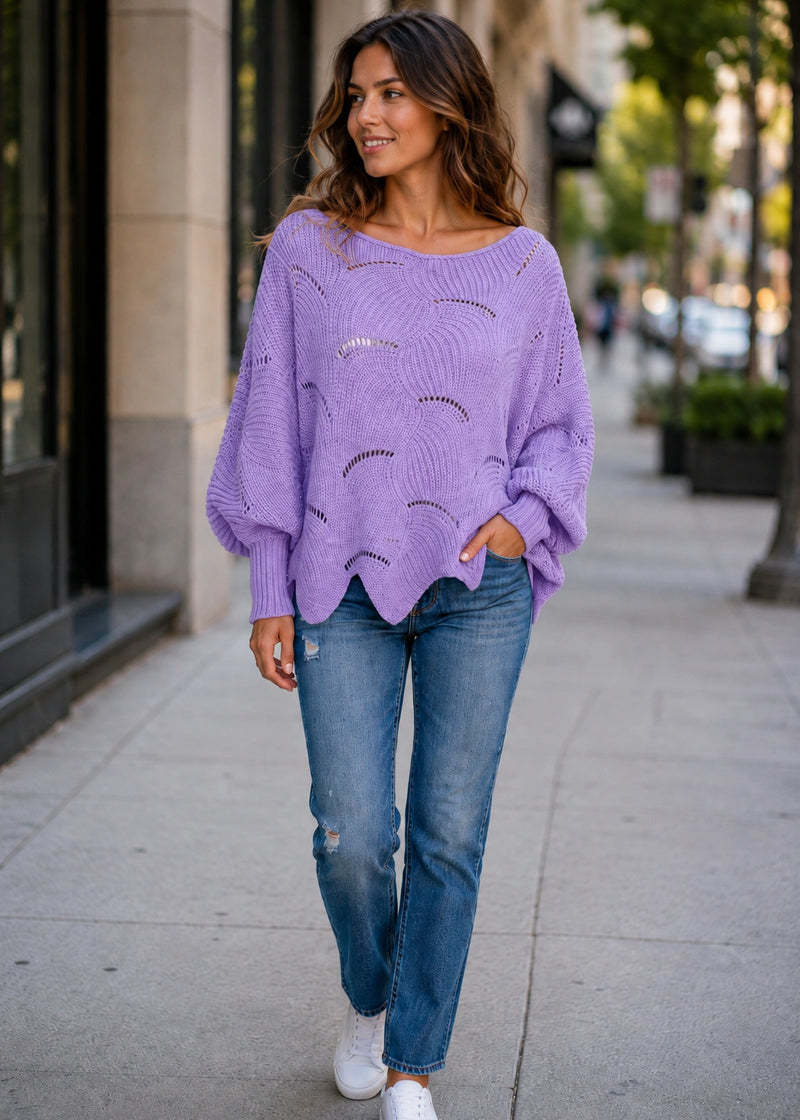SALAZIA Scalloped Pointelle Batwing Sleeve Loose Knit Sweaters