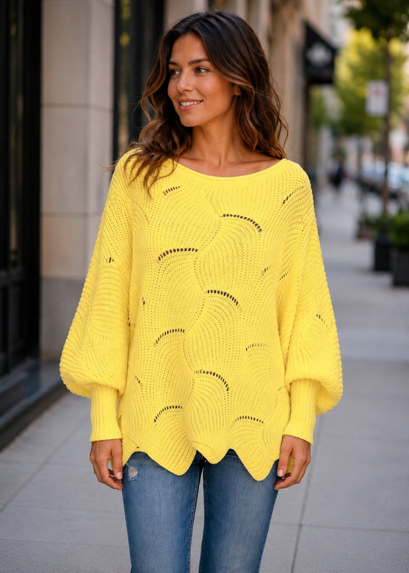 SALAZIA Scalloped Pointelle Batwing Sleeve Loose Knit Sweaters