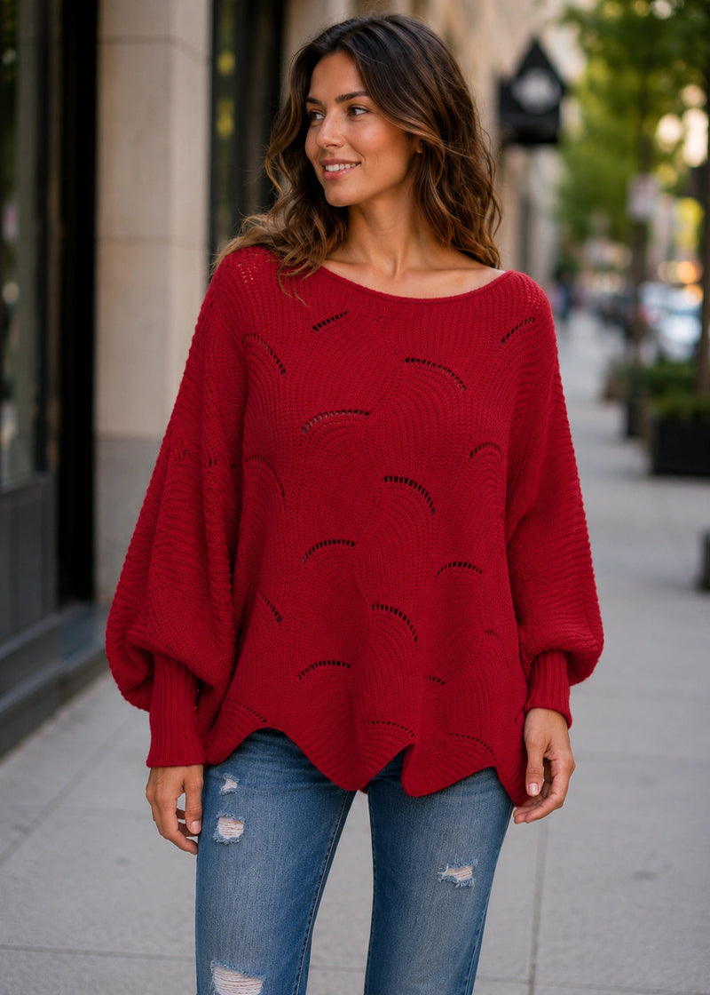 SALAZIA Scalloped Pointelle Batwing Sleeve Loose Knit Sweaters