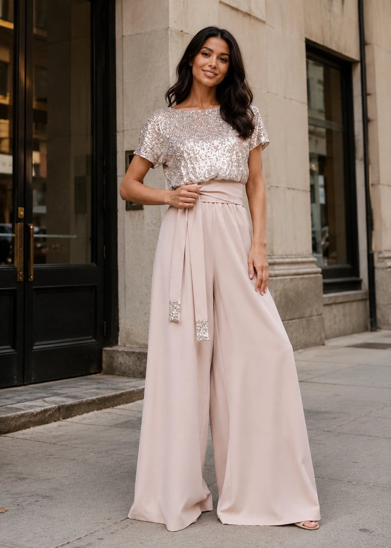 SALAZIA Sequin Bodice Tie-Waist Wide-Leg Jumpsuits