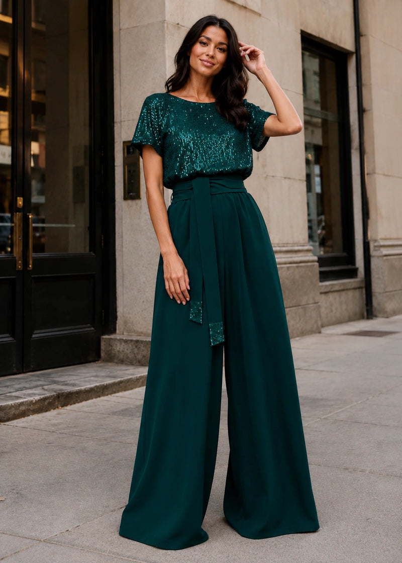 SALAZIA Sequin Bodice Tie-Waist Wide-Leg Jumpsuits