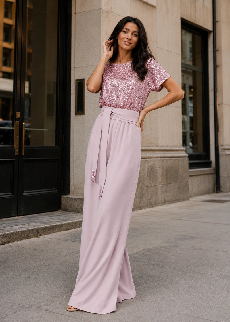 SALAZIA Sequin Bodice Tie-Waist Wide-Leg Jumpsuits