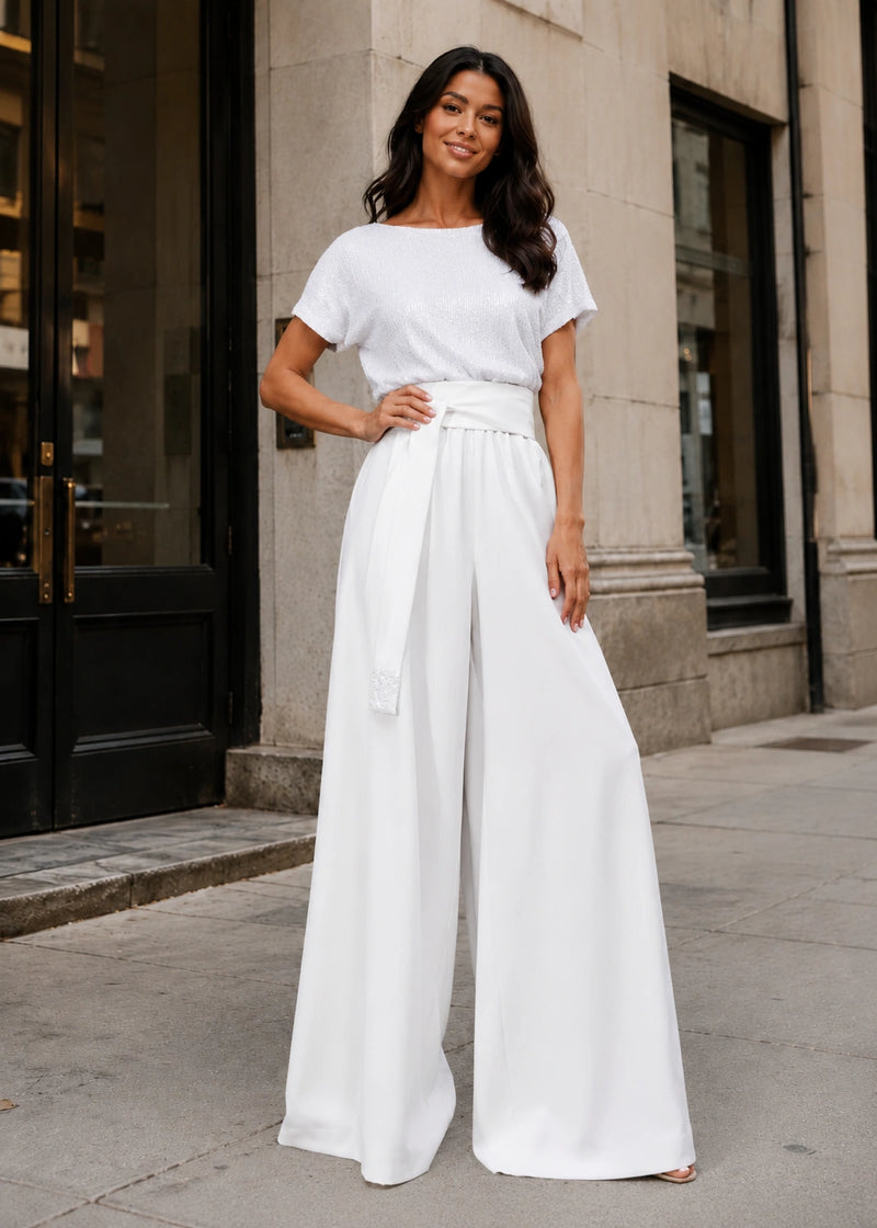SALAZIA Sequin Bodice Tie-Waist Wide-Leg Jumpsuits