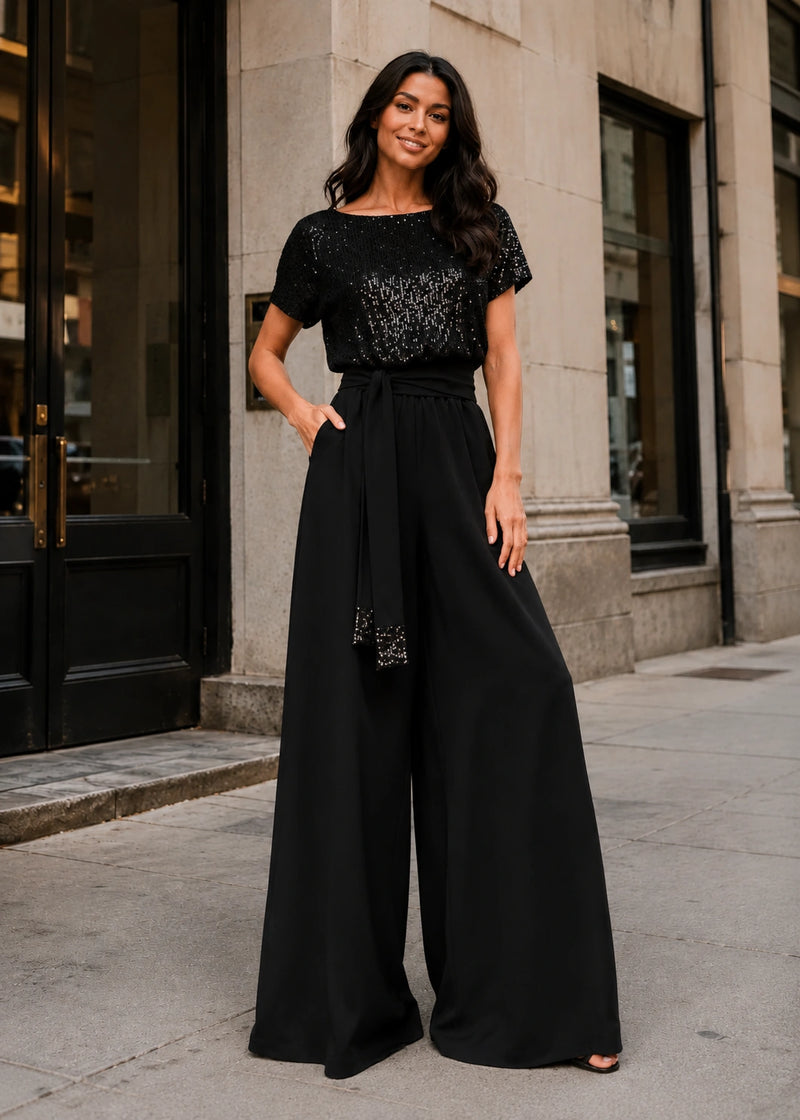 SALAZIA Sequin Bodice Tie-Waist Wide-Leg Jumpsuits