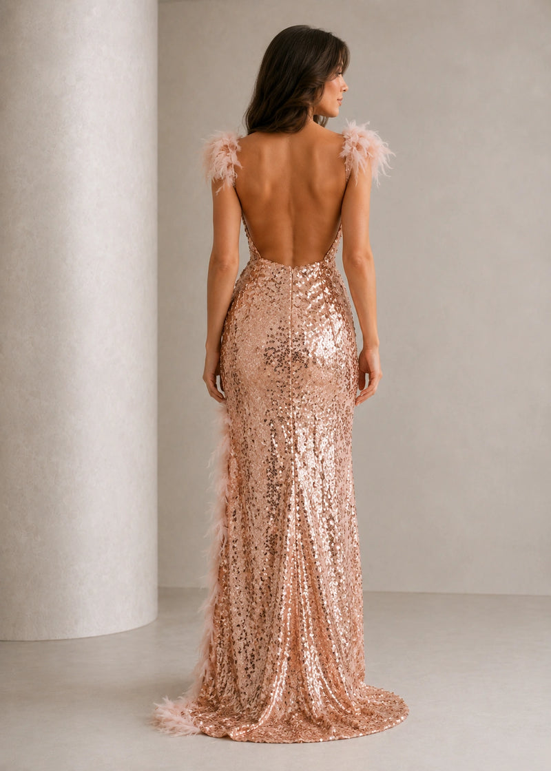 SALAZIA Sequin Feather Trim High Slit Maxi Dresses