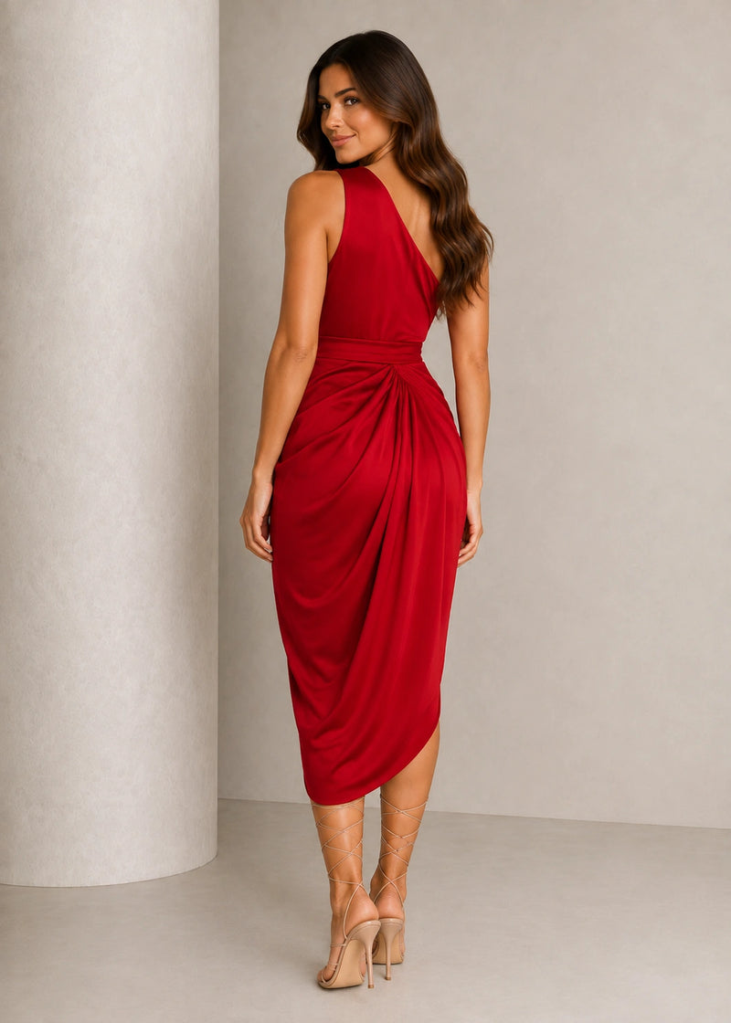 SALAZIA Sequin Ruched Asymmetric Midi Dresses