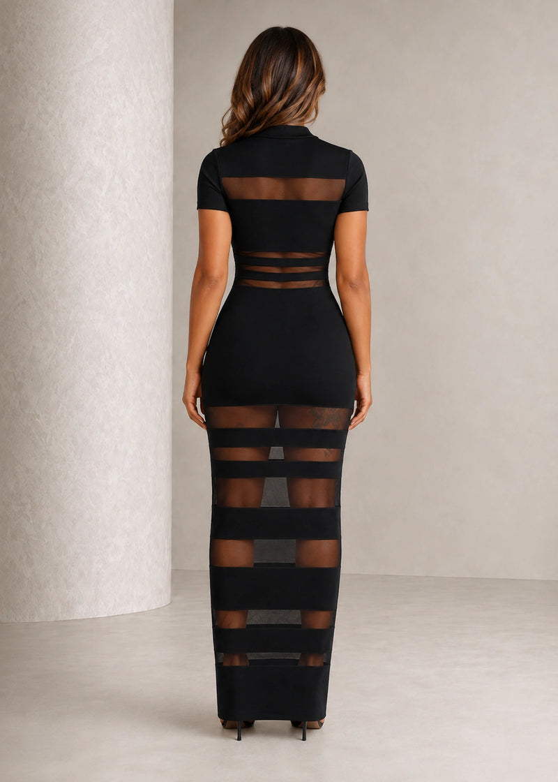 SALAZIA Sheer Mesh Panel Polo Bodycon Maxi Dresses
