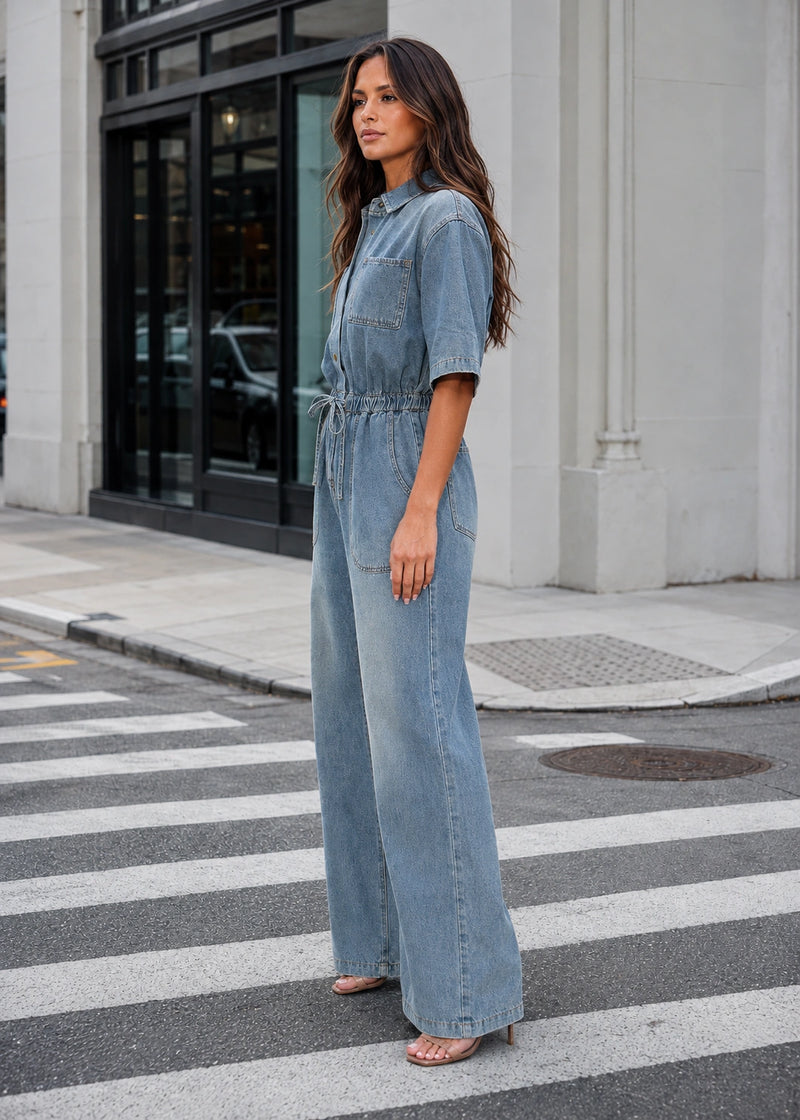 SALAZIA Short Sleeve Button Front Wide Leg Denim Jumpsuits