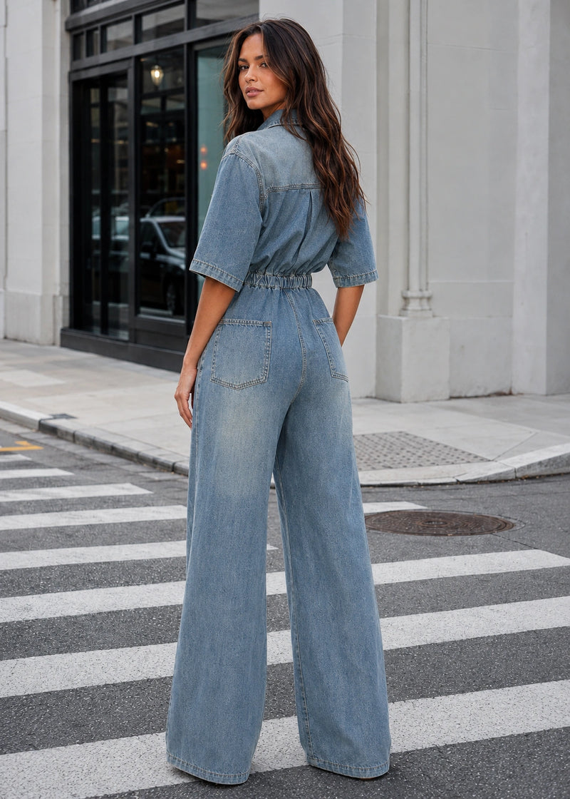 SALAZIA Short Sleeve Button Front Wide Leg Denim Jumpsuits