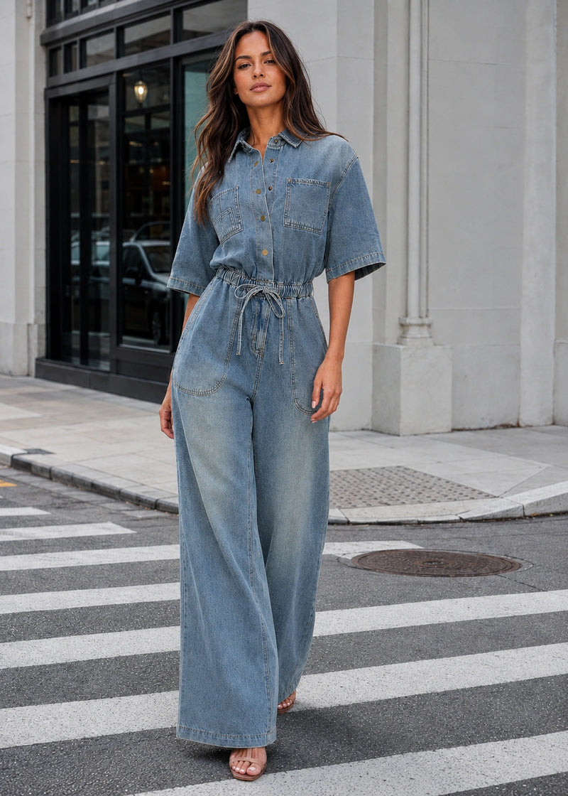 SALAZIA Short Sleeve Button Front Wide Leg Denim Jumpsuits