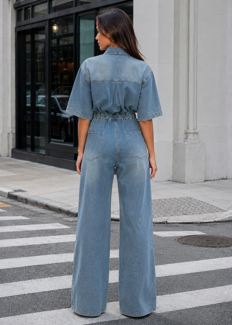 SALAZIA Short Sleeve Button Front Wide Leg Denim Jumpsuits