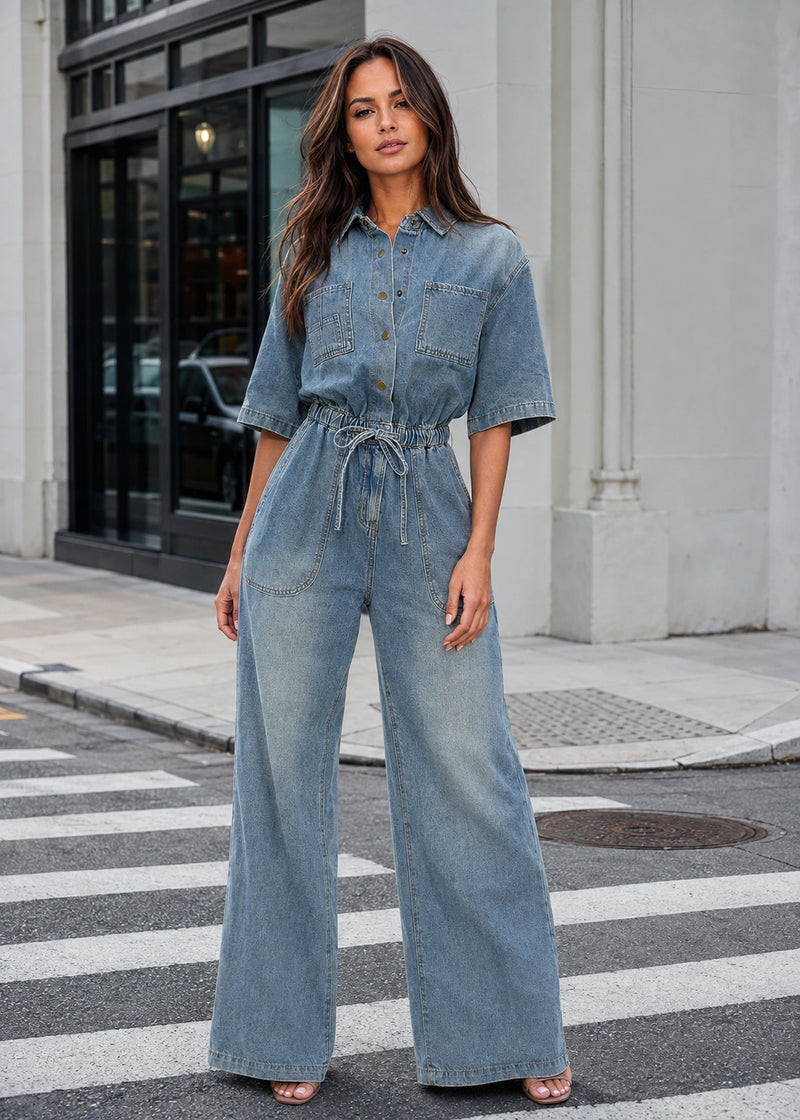SALAZIA Short Sleeve Button Front Wide Leg Denim Jumpsuits