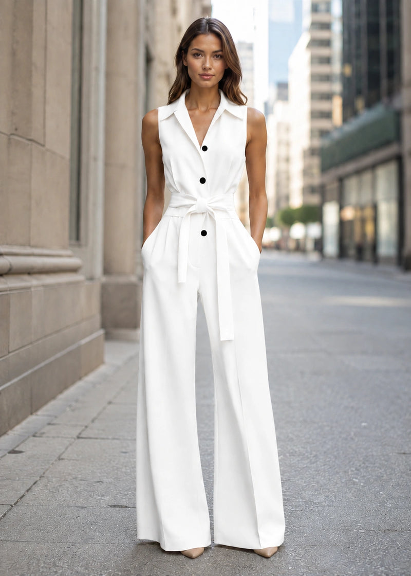 SALAZIA Sleeveless Collared Button-Front Tie-Waist Wide-Leg Jumpsuits