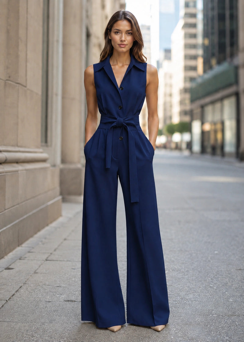 SALAZIA Sleeveless Collared Button-Front Tie-Waist Wide-Leg Jumpsuits