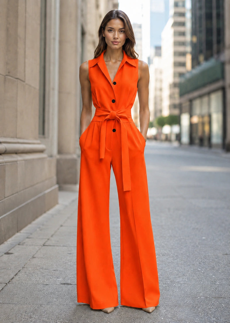 SALAZIA Sleeveless Collared Button-Front Tie-Waist Wide-Leg Jumpsuits