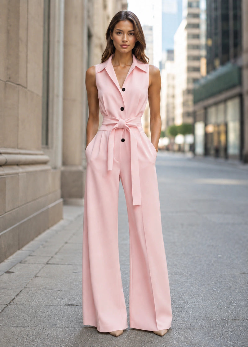 SALAZIA Sleeveless Collared Button-Front Tie-Waist Wide-Leg Jumpsuits