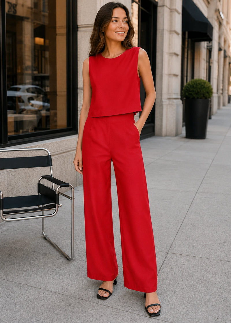 SALAZIA Sleeveless Crew-Neck Crop Top & High-Waist Wide-Leg Pants Sets