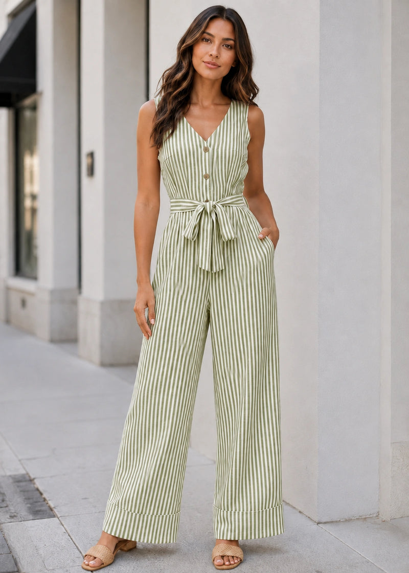 SALAZIA Sleeveless Vertical Stripe Button-Front Tie-Waist Wide-Leg Jumpsuits